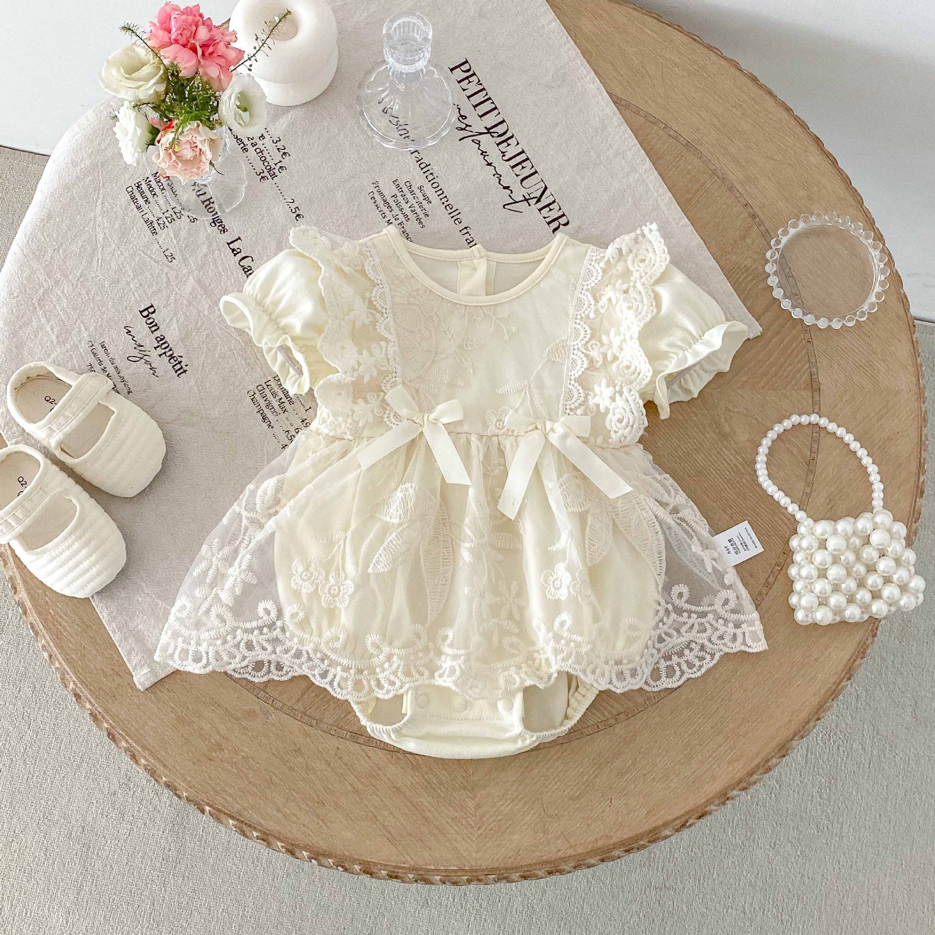 Summer Arrival Baby Girls Cute Solid Color Floral Embroidery Short Sleeves Dress Design Onesies-1