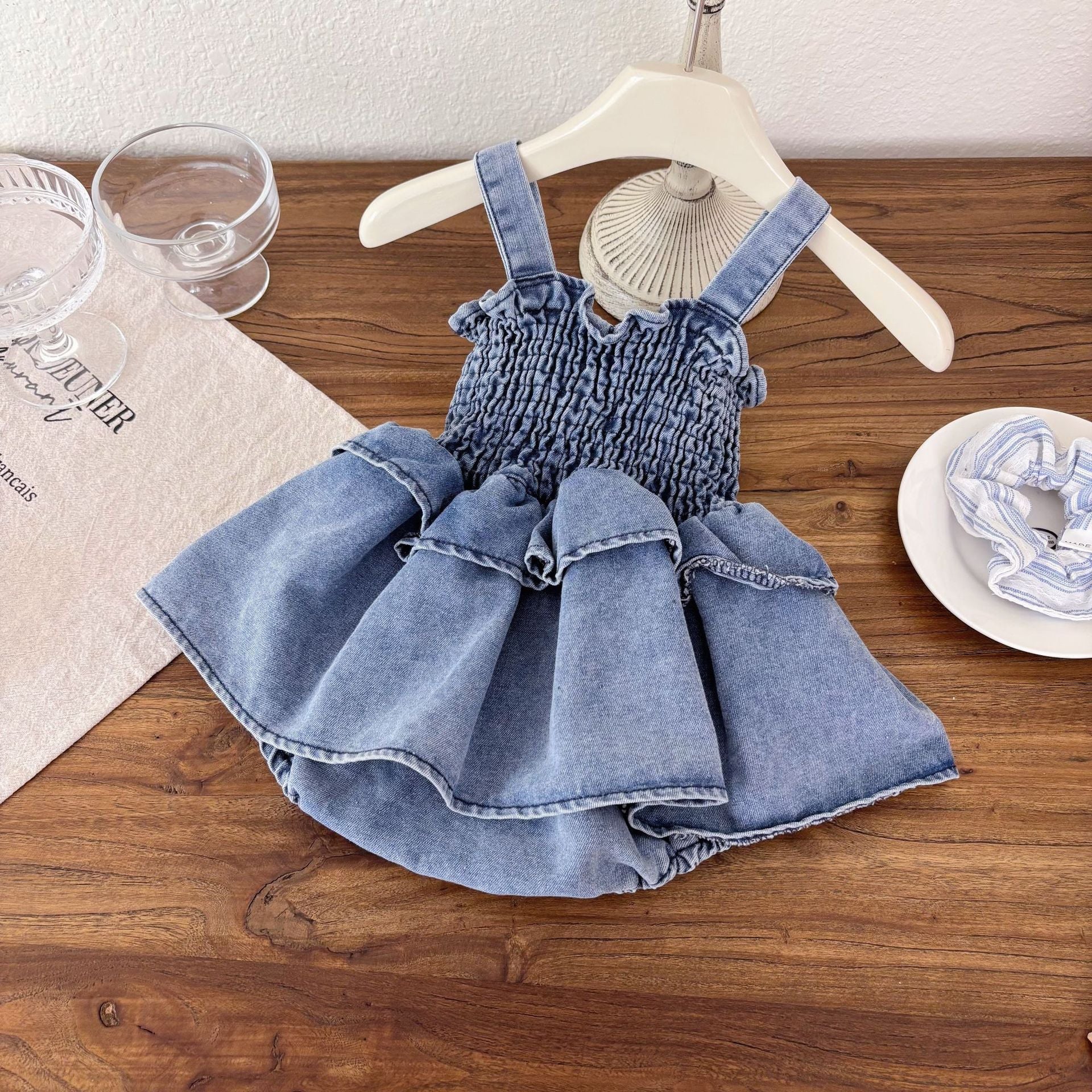 Summer Arrival Baby Girls Cute Sleeveless Denim Pleated Dress Design Strap Onesies-1