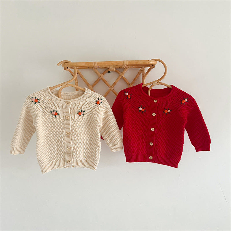 Autumn Arrival Baby Kids Girls Comfortable Flowers Embroiedery Pattern Knitted Long Sleeves Cardigan-0