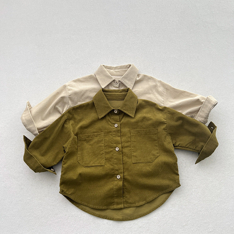 Spring Children’s Thin Shirts Baby Retro Solid Color Jackets For Boys And Girls Mountain Style Long-Sleeved Fine Striped Velvet Shirts-0