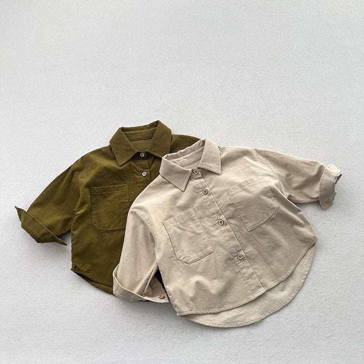 Spring Children’s Thin Shirts Baby Retro Solid Color Jackets For Boys And Girls Mountain Style Long-Sleeved Fine Striped Velvet Shirts-1