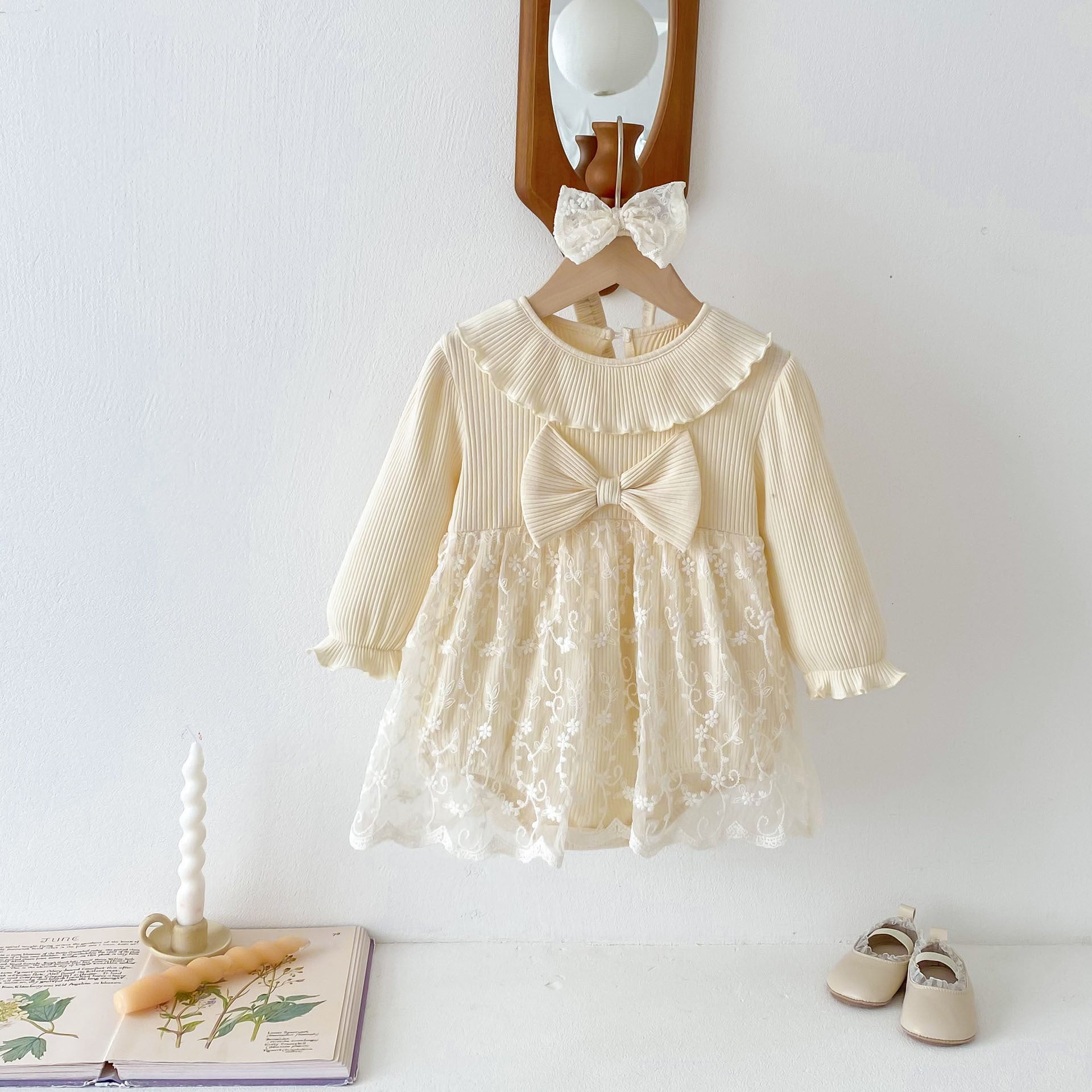 Spring Arrival Baby Girls Cute Floral Embroidered Tulle Long Sleeves Onesies-2