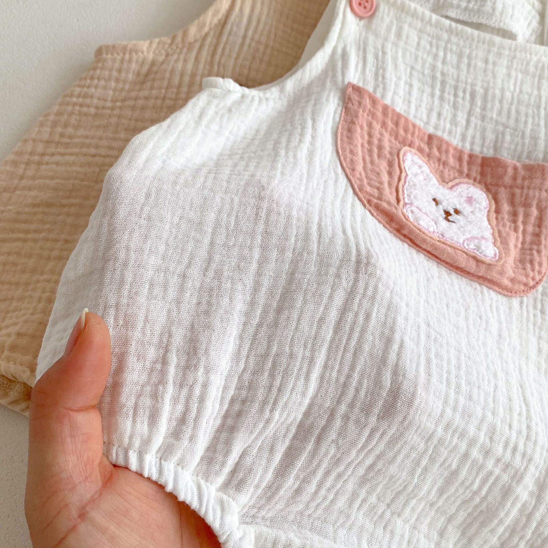 Unisex Summer Arrival Sleeveless Simple Teddy Pattern Pocket Baby Strap Onesies-4