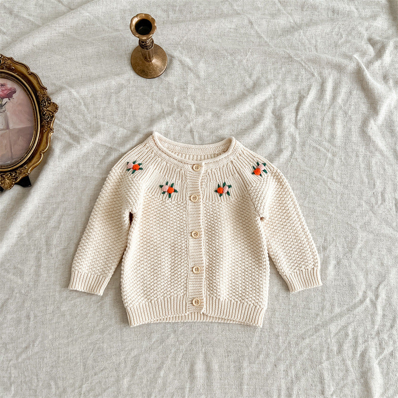 Autumn Arrival Baby Kids Girls Comfortable Flowers Embroiedery Pattern Knitted Long Sleeves Cardigan-2