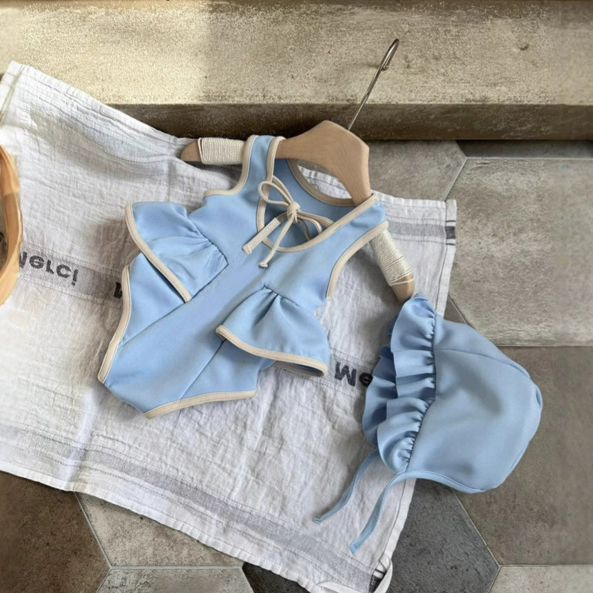 Arrival Baby Girl Color Patchwork Sleeveless Swimwear With Hats-2