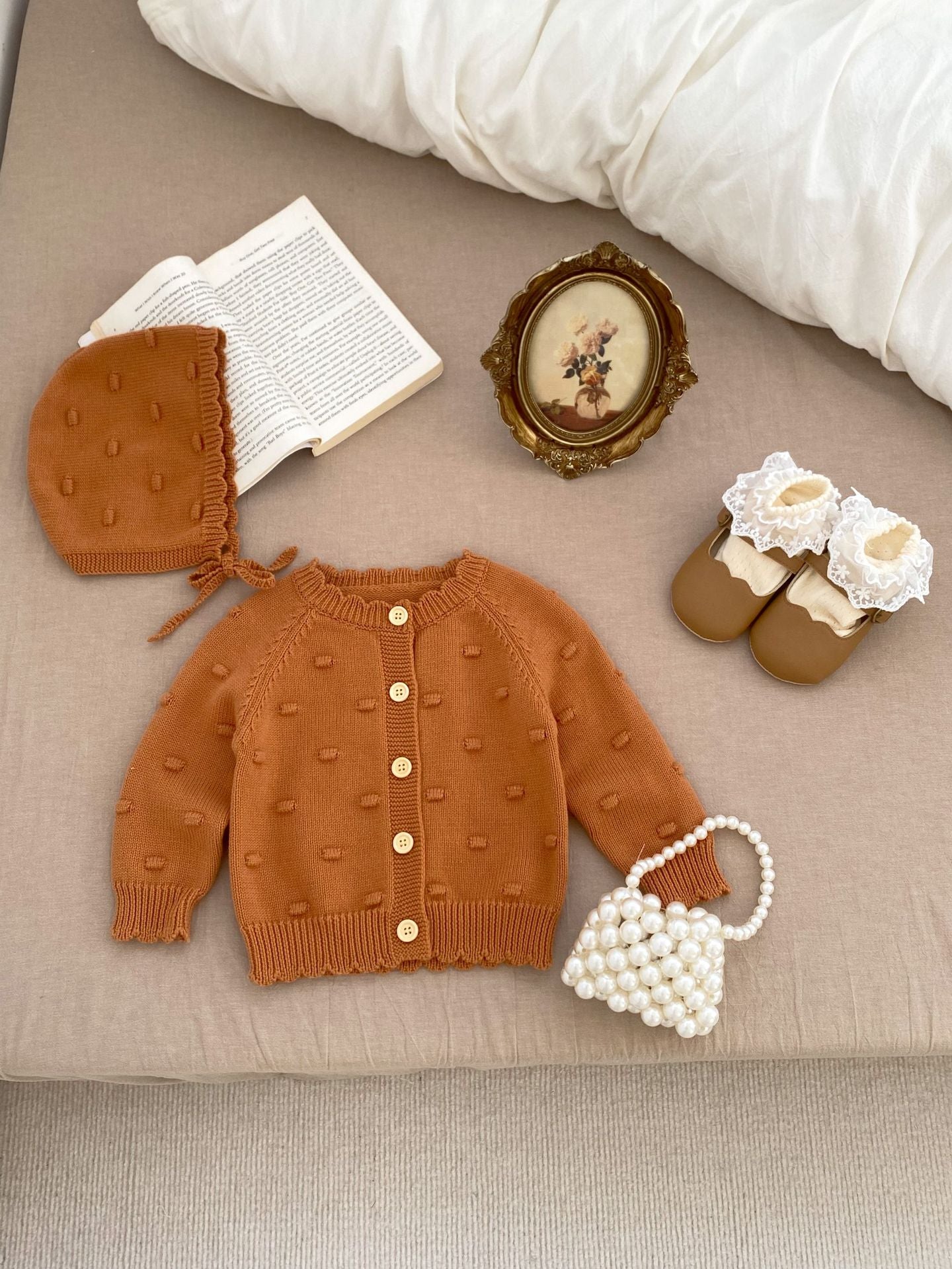 Autumn Arrival Baby Kids Girls Comfortable Solid Color Jacquard Pattern Knitted Long Sleeves Cardigan-4