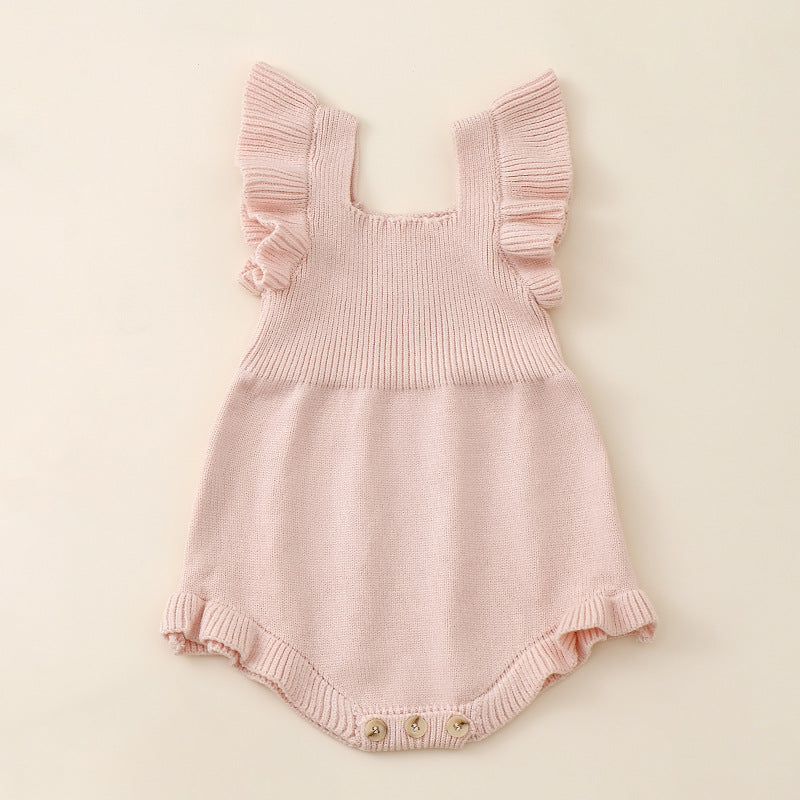 Summer Arrival Baby Girls Solid Color Fly Sleeves Square Neck Knitted Onesies-4