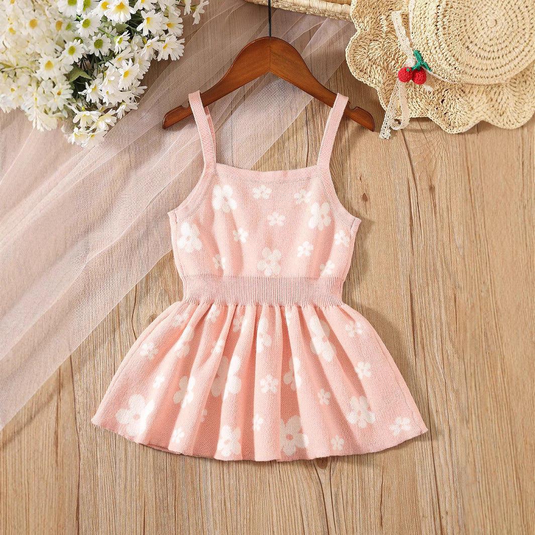 Summer Baby Kids Girls Sleeveless Floral Pattern Knitted Strap Dress-1