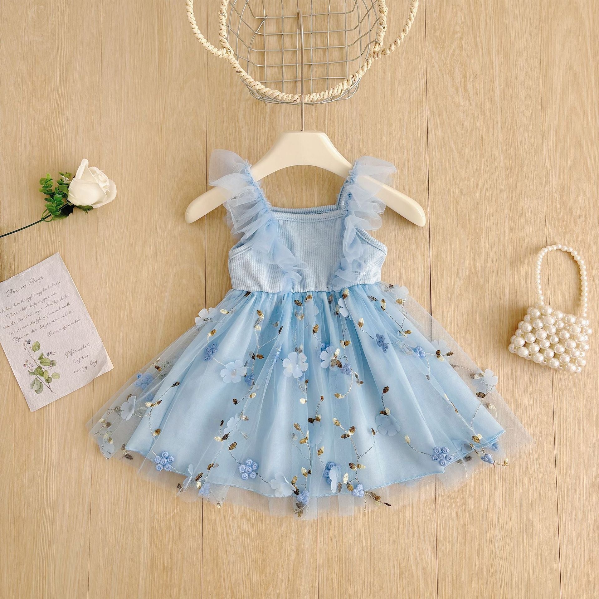 Summer Hot Selling Kids Girls Cute Blue Sleeveless Floral Tulle Dress-0