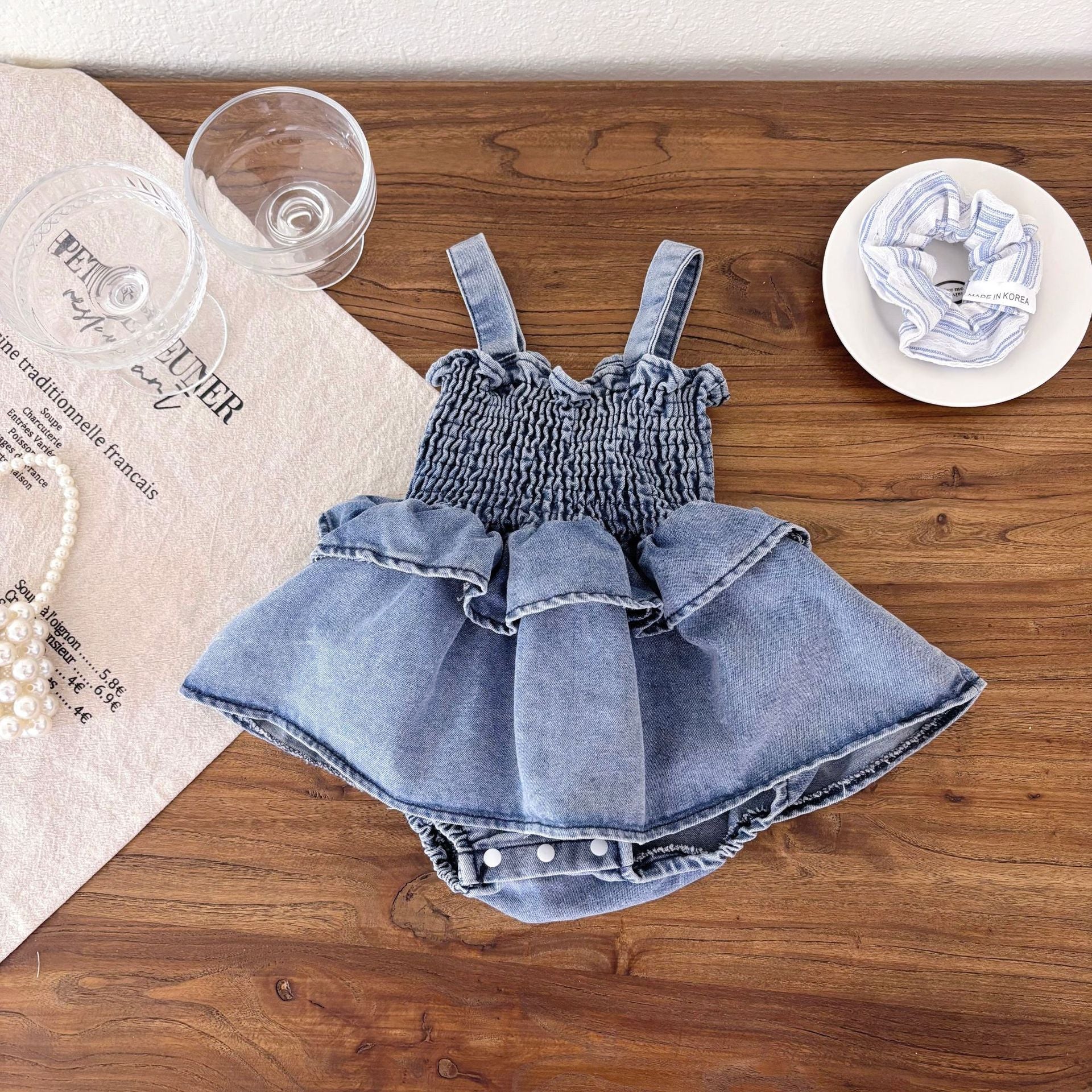 Summer Arrival Baby Girls Cute Sleeveless Denim Pleated Dress Design Strap Onesies-0