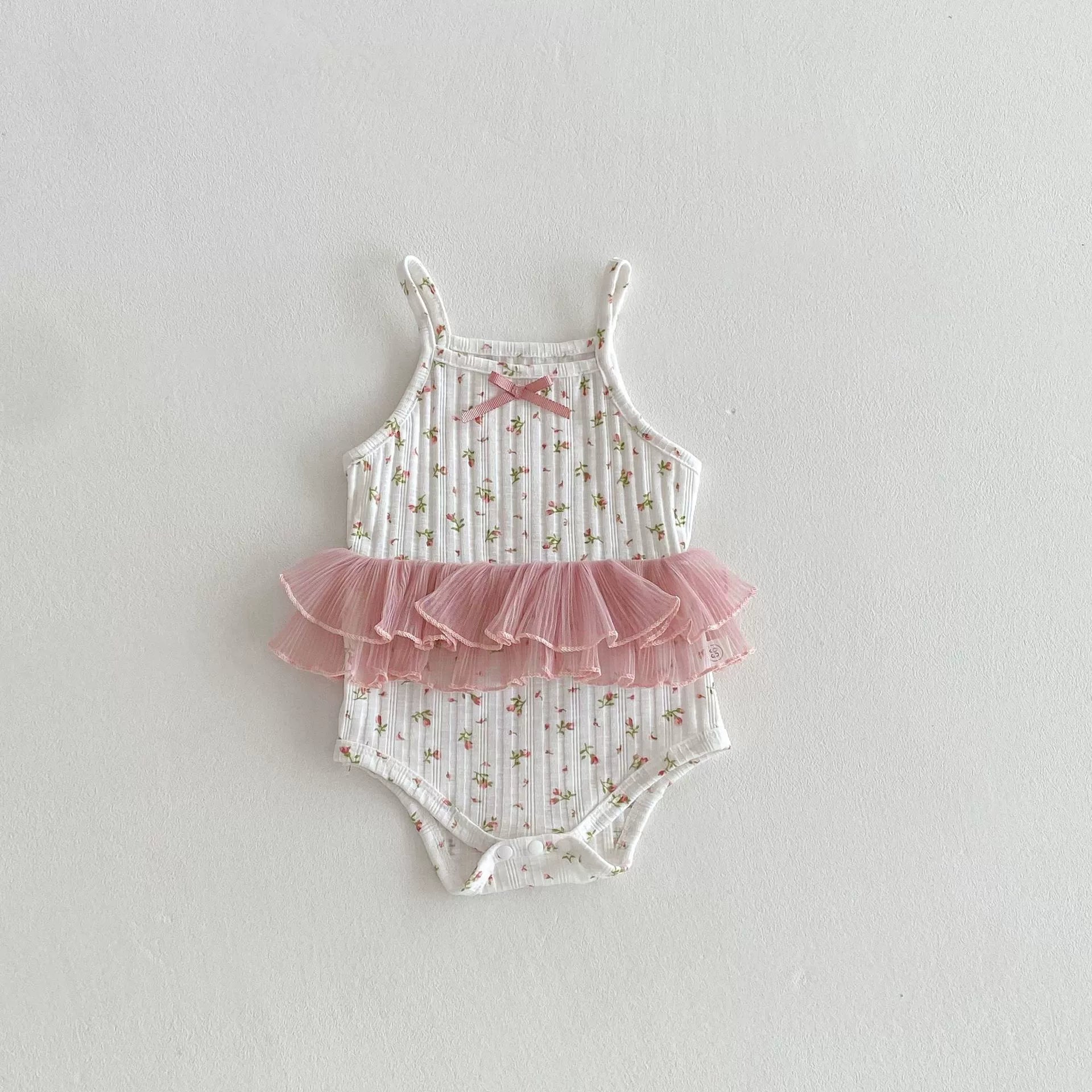 Summer Arrival Baby Girls Color Patchwork Flowers Pattern Sleeveless Onesies-6