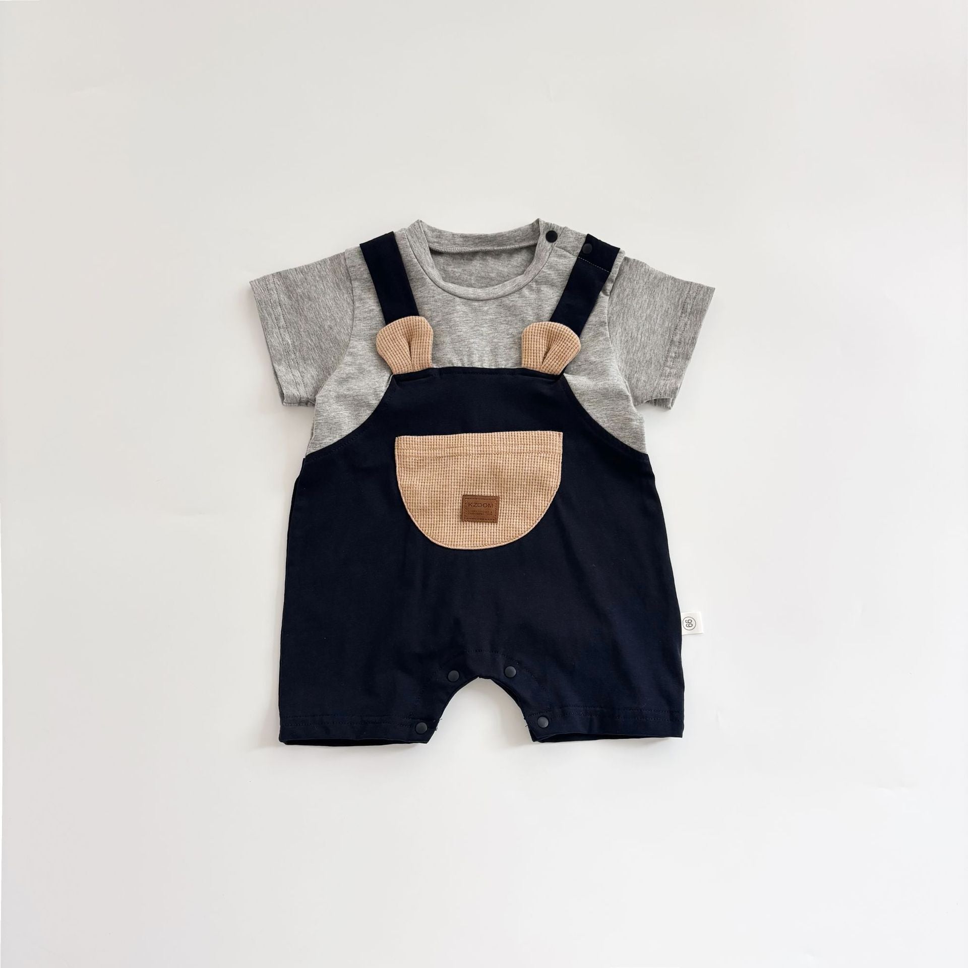 Design Summer Baby Kids Boys Teddy Bear Pattern Color Patchwork Short Sleeves Romper-5