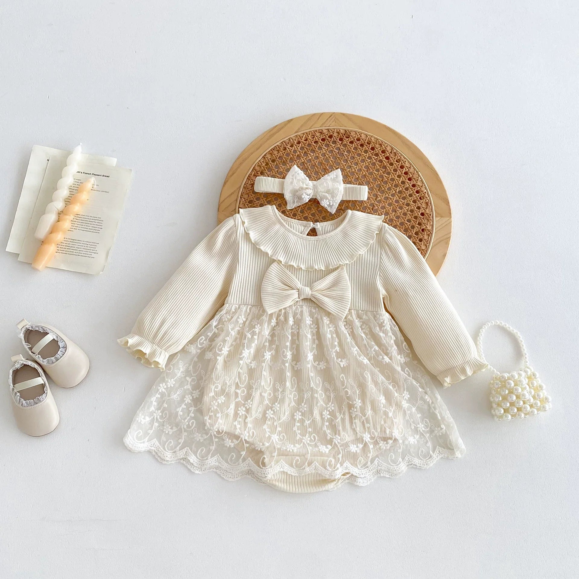 Spring Arrival Baby Girls Cute Floral Embroidered Tulle Long Sleeves Onesies-0