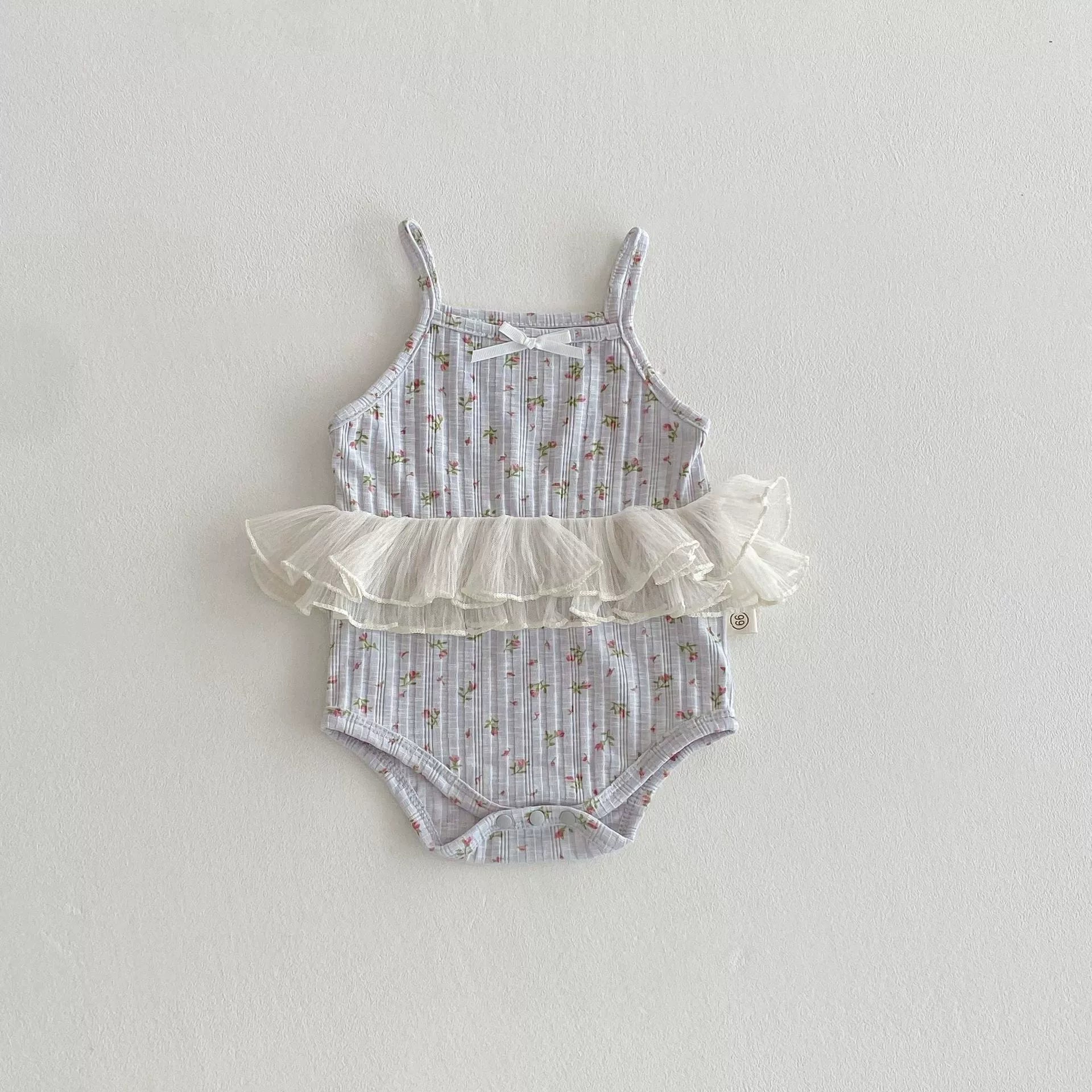 Summer Arrival Baby Girls Color Patchwork Flowers Pattern Sleeveless Onesies-5