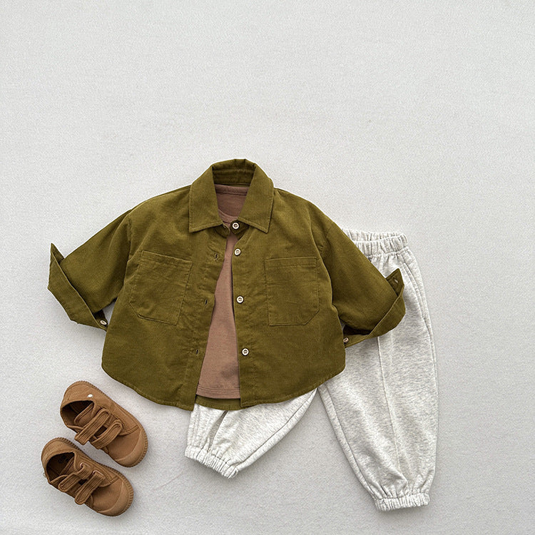 Spring Children’s Thin Shirts Baby Retro Solid Color Jackets For Boys And Girls Mountain Style Long-Sleeved Fine Striped Velvet Shirts-6