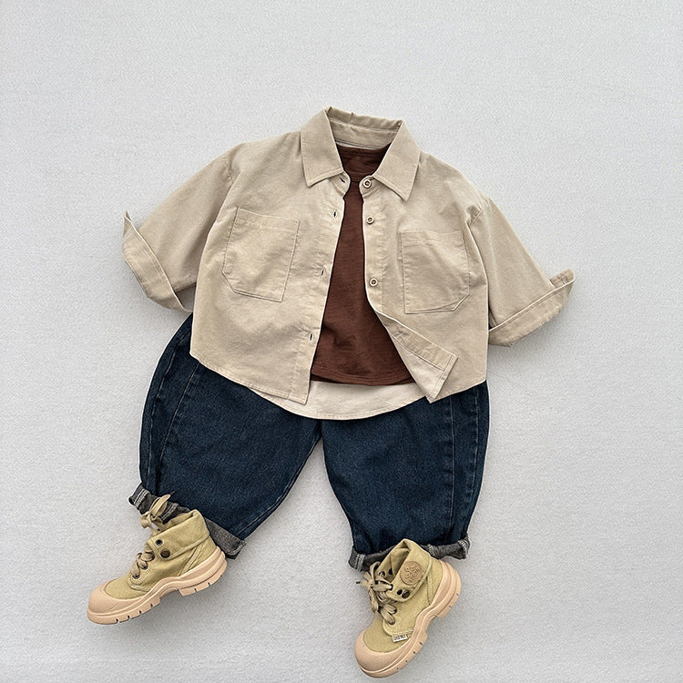 Spring Children’s Thin Shirts Baby Retro Solid Color Jackets For Boys And Girls Mountain Style Long-Sleeved Fine Striped Velvet Shirts-5