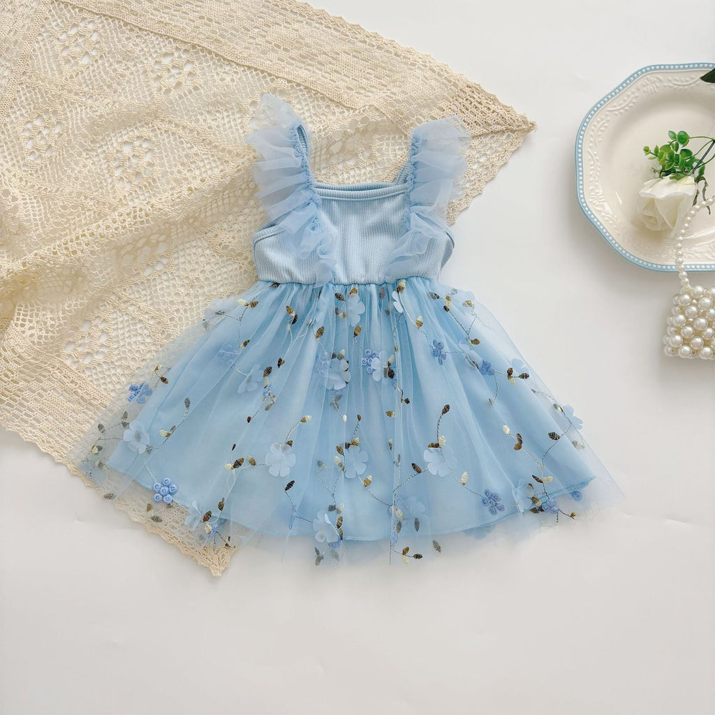 Summer Hot Selling Kids Girls Cute Blue Sleeveless Floral Tulle Dress-1