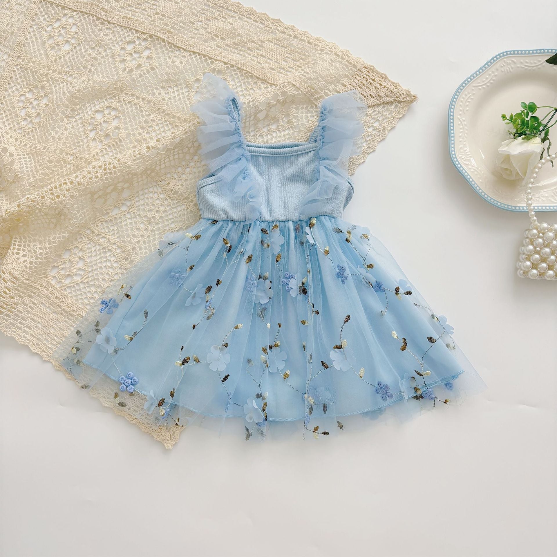 Summer Hot Selling Kids Girls Cute Blue Sleeveless Floral Tulle Dress-1