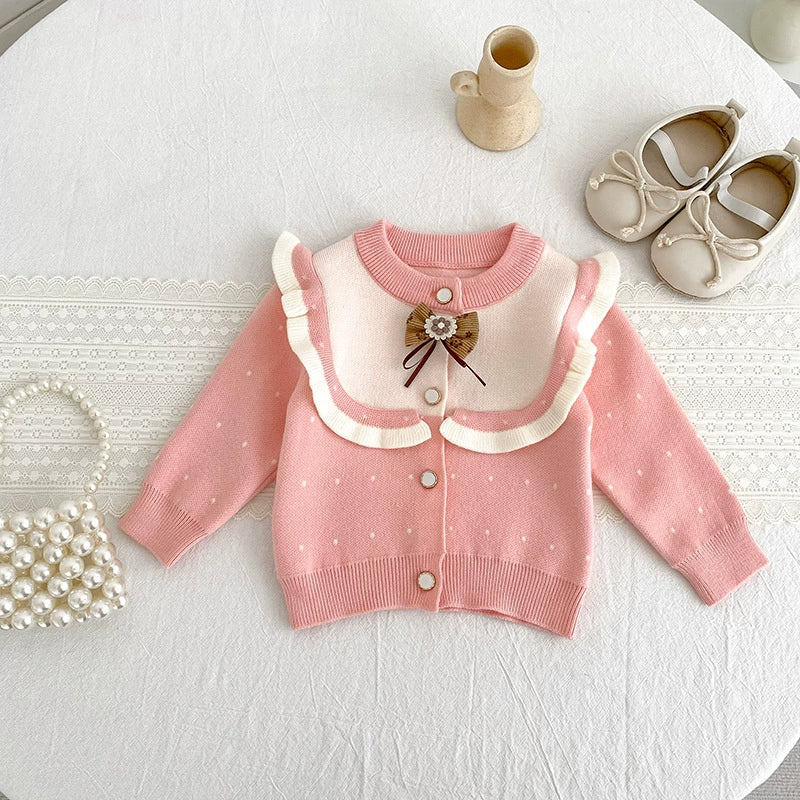 Autumn Arrival Baby Girls Comfortable Dots Pattern Color Patchwork Knitted Long Sleeves Cardigan