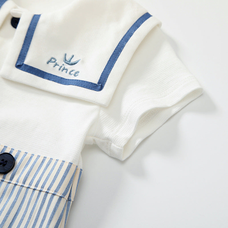 Summer Arrival Baby Boys Short Sleeves Cute Striped Pattern Navy Style Rompers