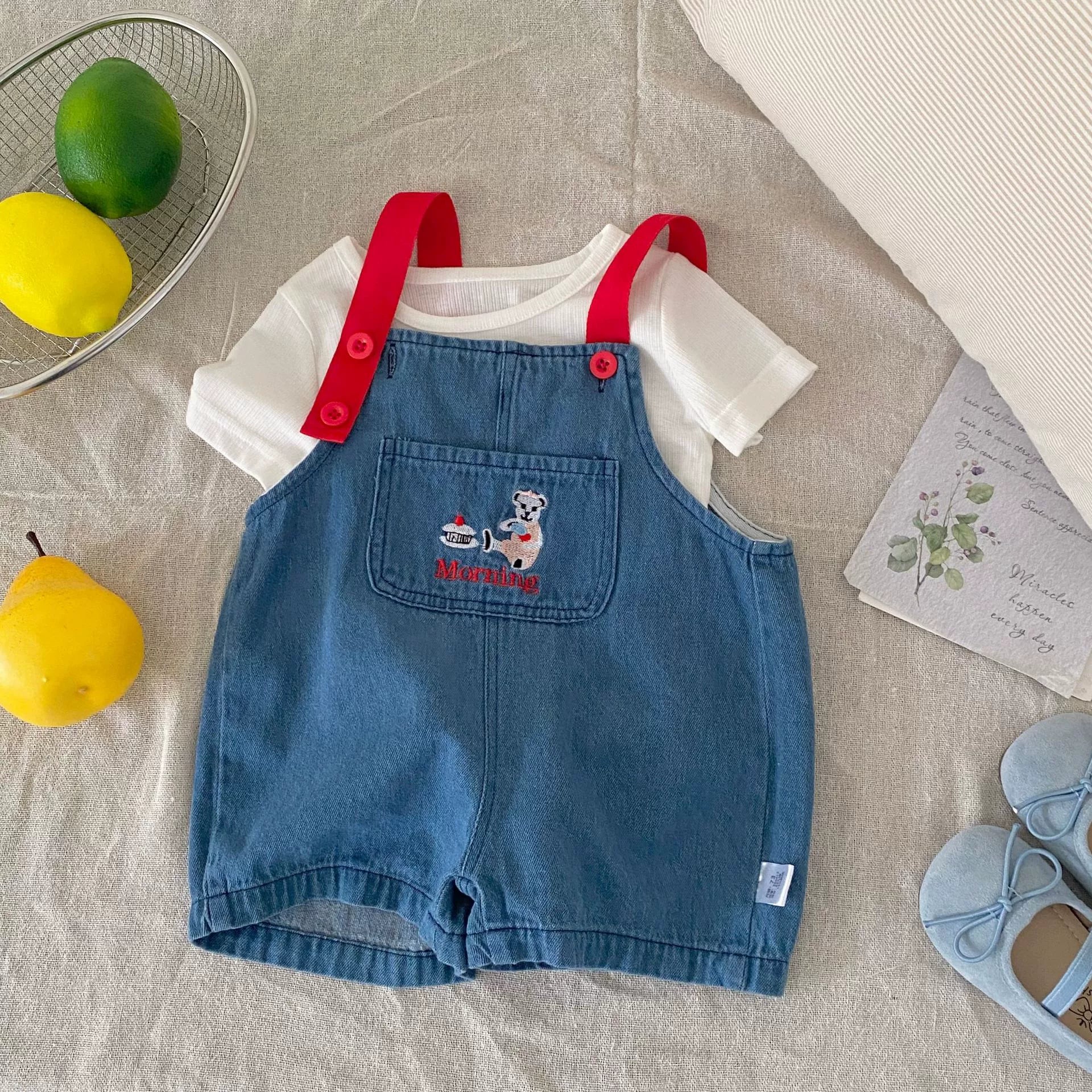 Summer Arrival Baby Unisex Cartoon Embroidered Sleeveless Denim Strap Overalls