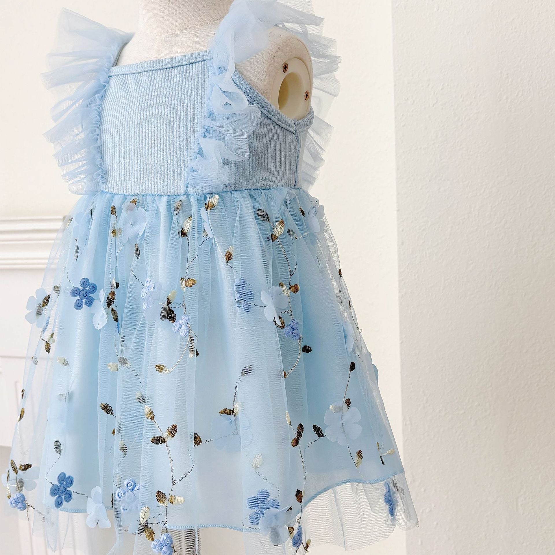 Summer Hot Selling Kids Girls Cute Blue Sleeveless Floral Tulle Dress-3