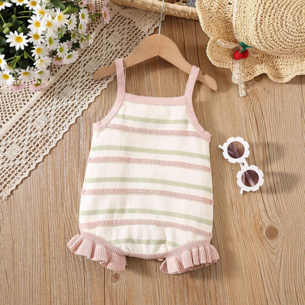 Summer Arrival Baby Girls Cute Thin Striped Pattern Sleeveless Strap Onesies