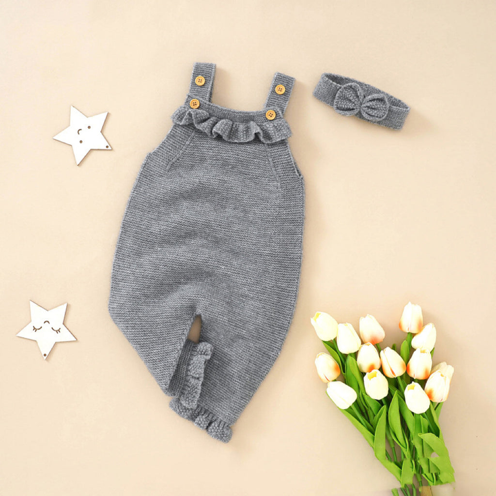 Baby Girl Solid Color Ruffle Design Knit Romper With Headband-2