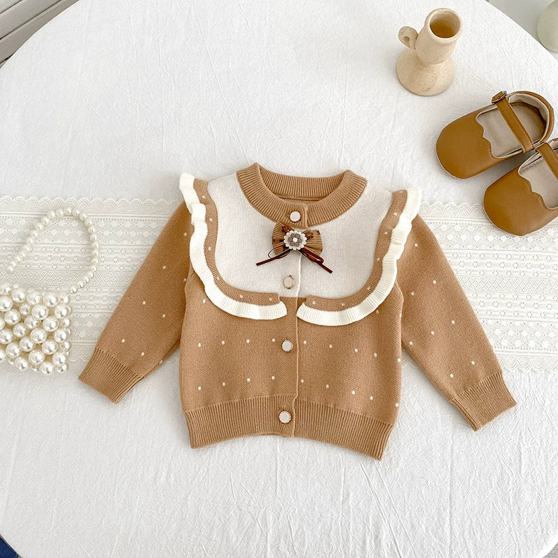 Autumn Arrival Baby Girls Comfortable Dots Pattern Color Patchwork Knitted Long Sleeves Cardigan