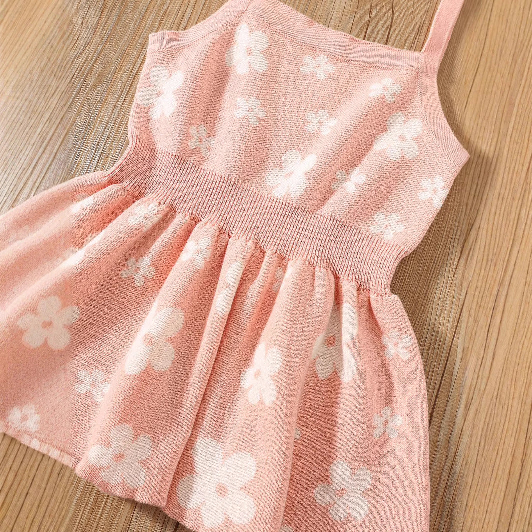 Summer Baby Kids Girls Sleeveless Floral Pattern Knitted Strap Dress-2