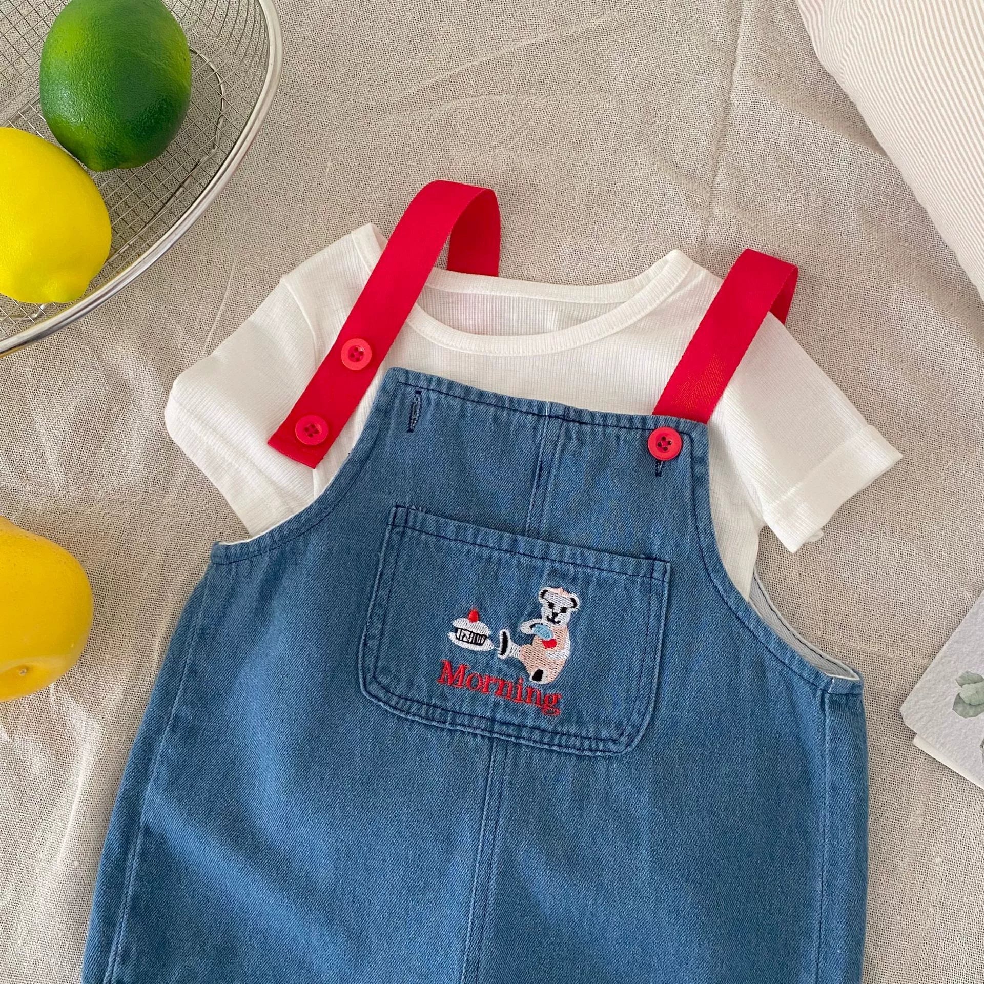 Summer Arrival Baby Unisex Cartoon Embroidered Sleeveless Denim Strap Overalls