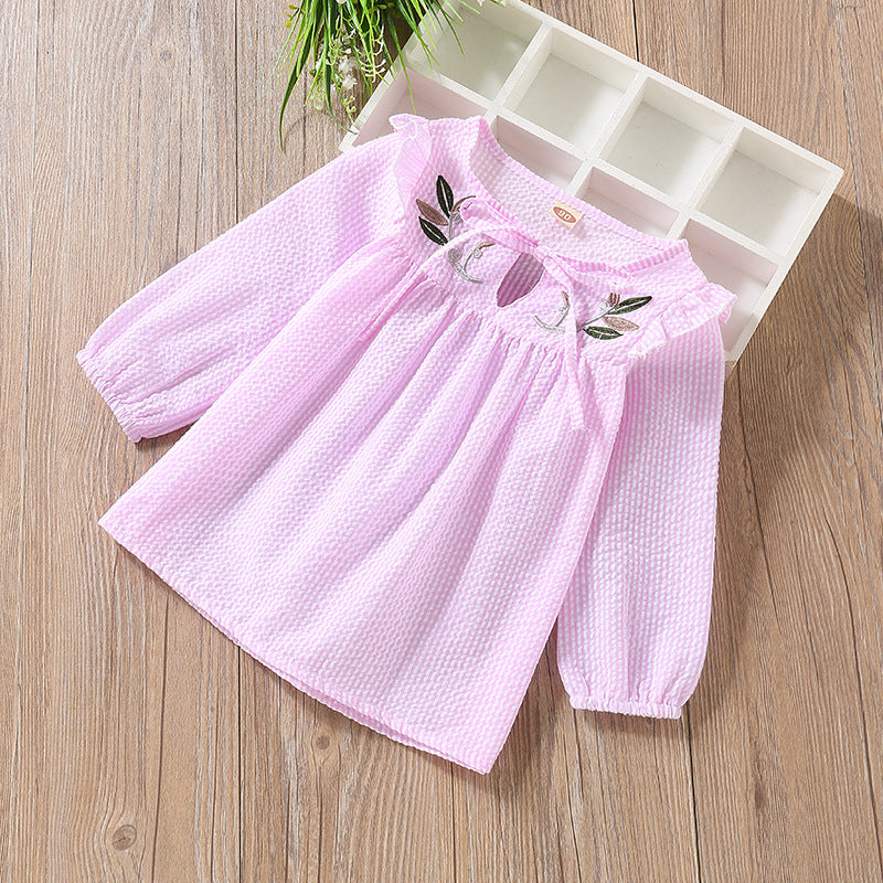 Baby Girl Embroidery Pattern Bow Tie Design Striped Long Sleeve T-Shirt