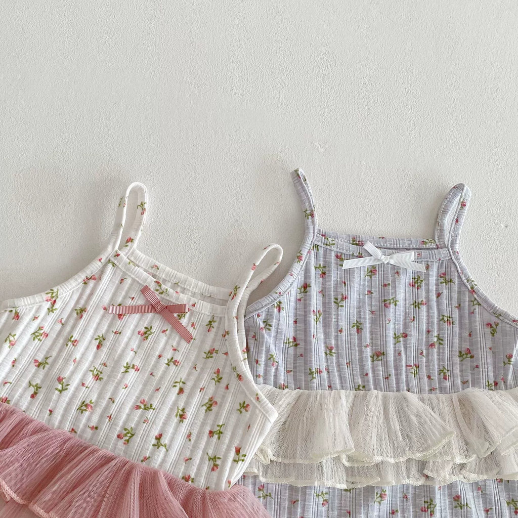 Summer Arrival Baby Girls Color Patchwork Flowers Pattern Sleeveless Onesies-1