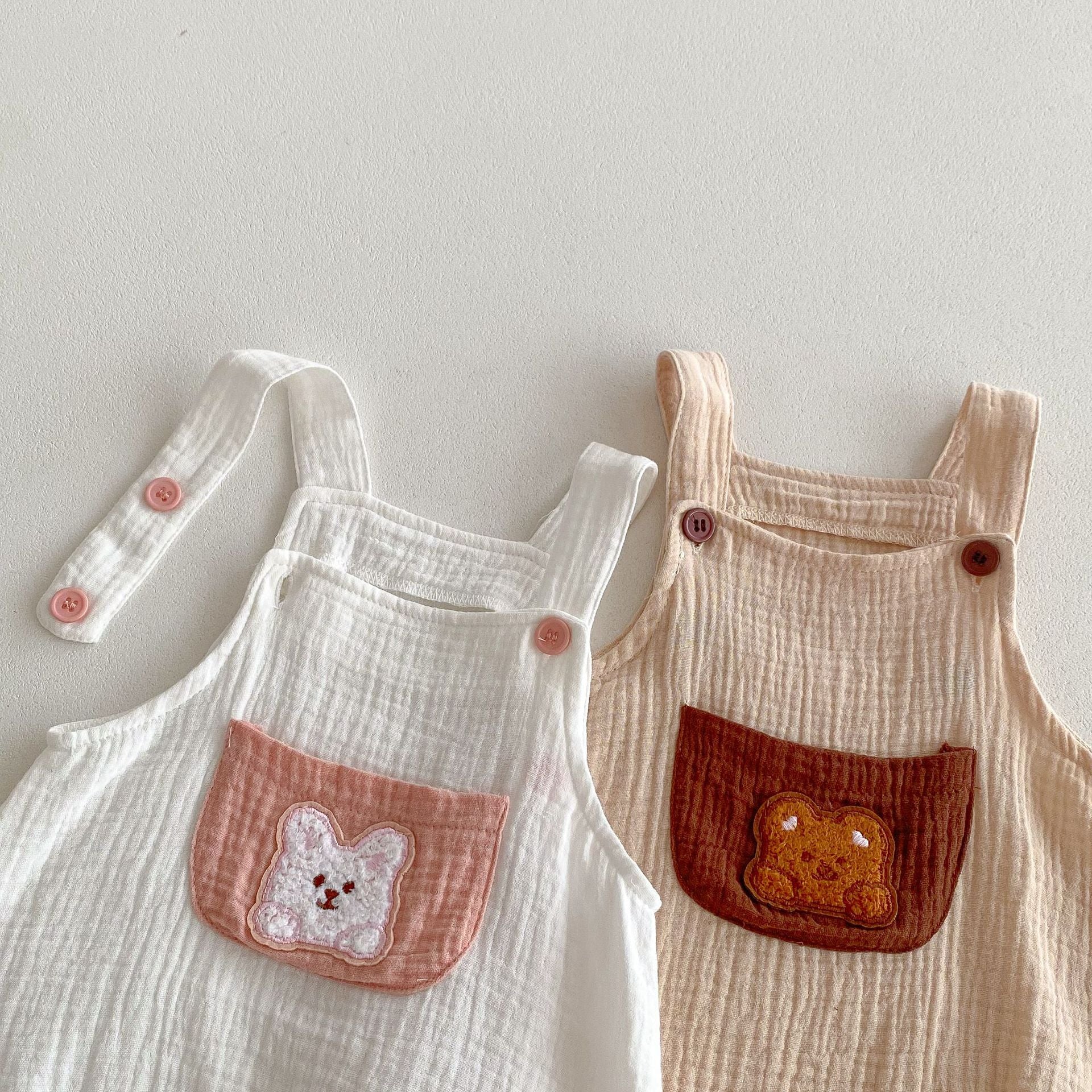 Unisex Summer Arrival Sleeveless Simple Teddy Pattern Pocket Baby Strap Onesies-3