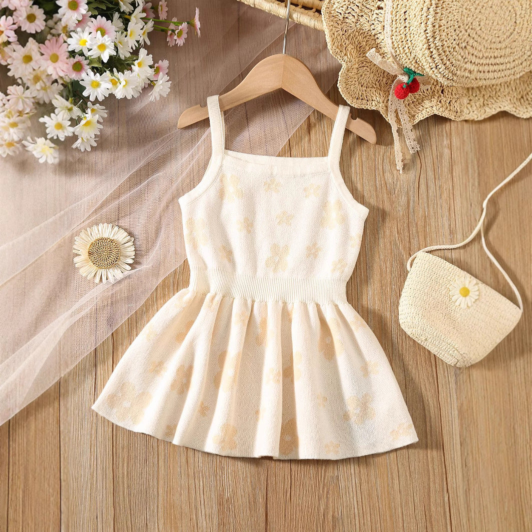 Summer Baby Kids Girls Sleeveless Floral Pattern Knitted Strap Dress-0