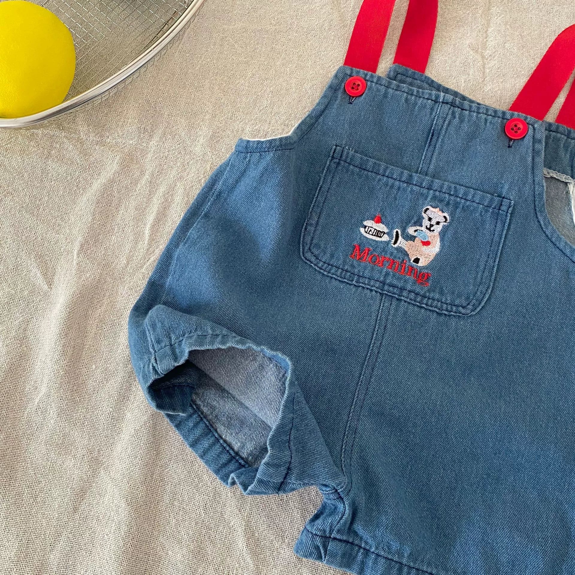 Summer Arrival Baby Unisex Cartoon Embroidered Sleeveless Denim Strap Overalls