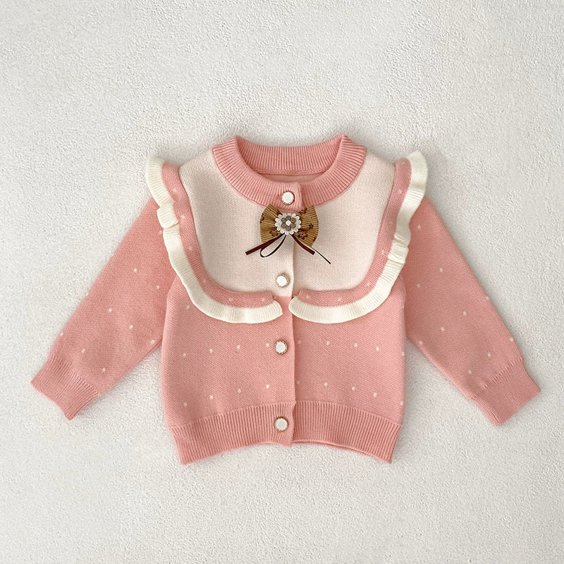 Autumn Arrival Baby Girls Comfortable Dots Pattern Color Patchwork Knitted Long Sleeves Cardigan