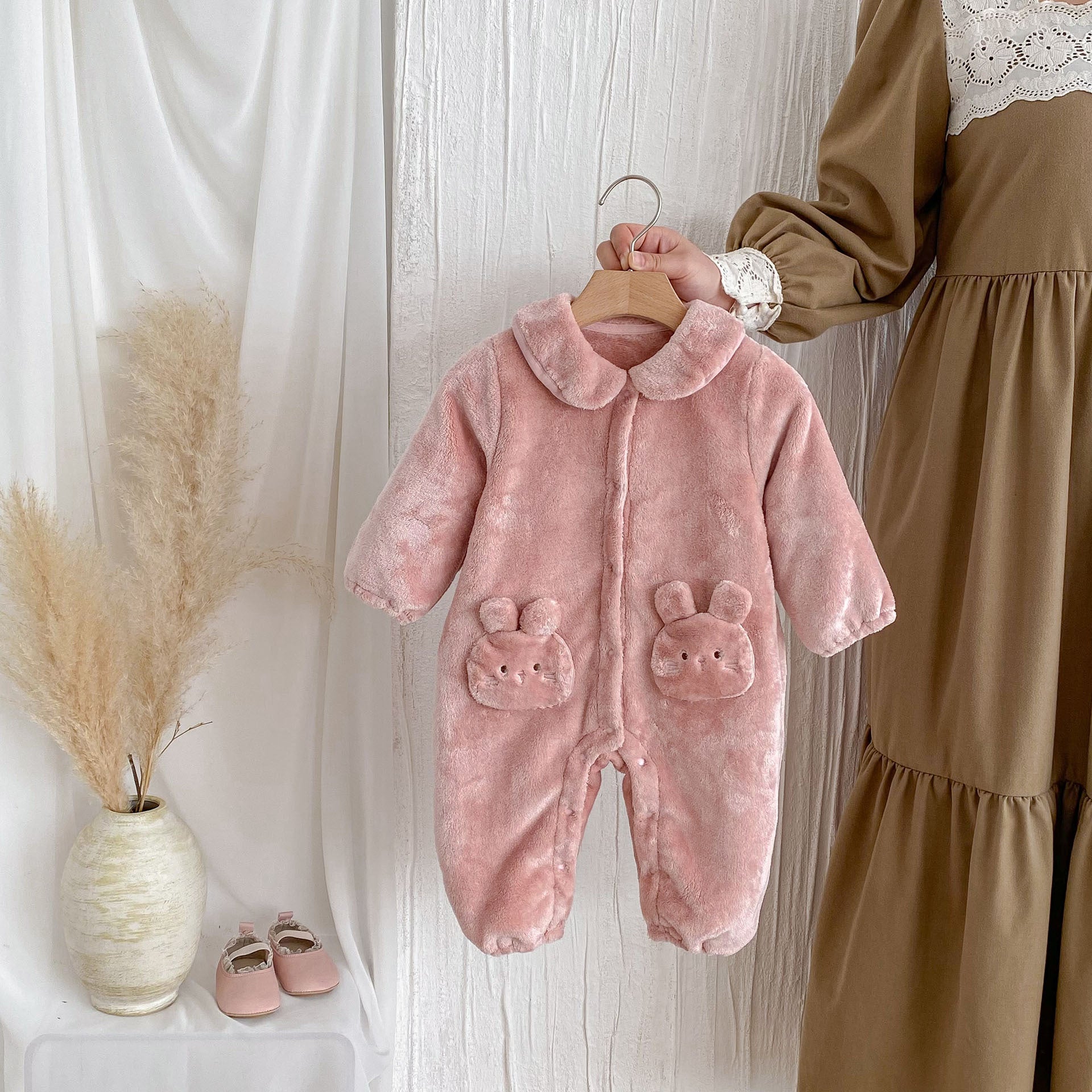 Winter Arrival Baby Girls Cute Rabbits Pattern Warm Double-sided Fleece Rompers