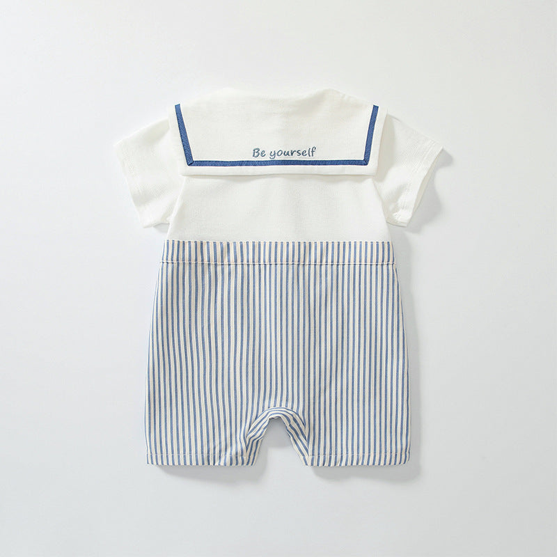 Summer Arrival Baby Boys Short Sleeves Cute Striped Pattern Navy Style Rompers