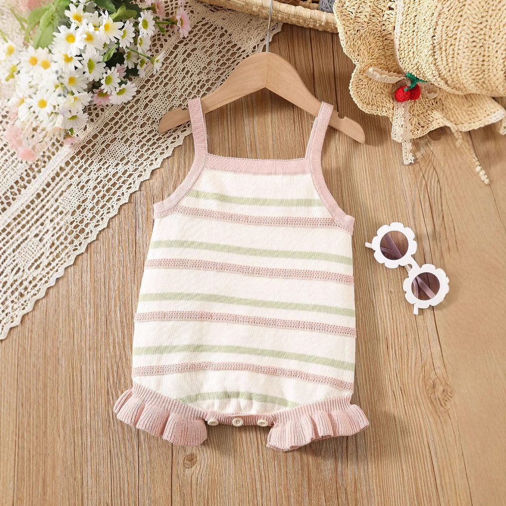 Summer Arrival Baby Girls Cute Thin Striped Pattern Sleeveless Strap Onesies