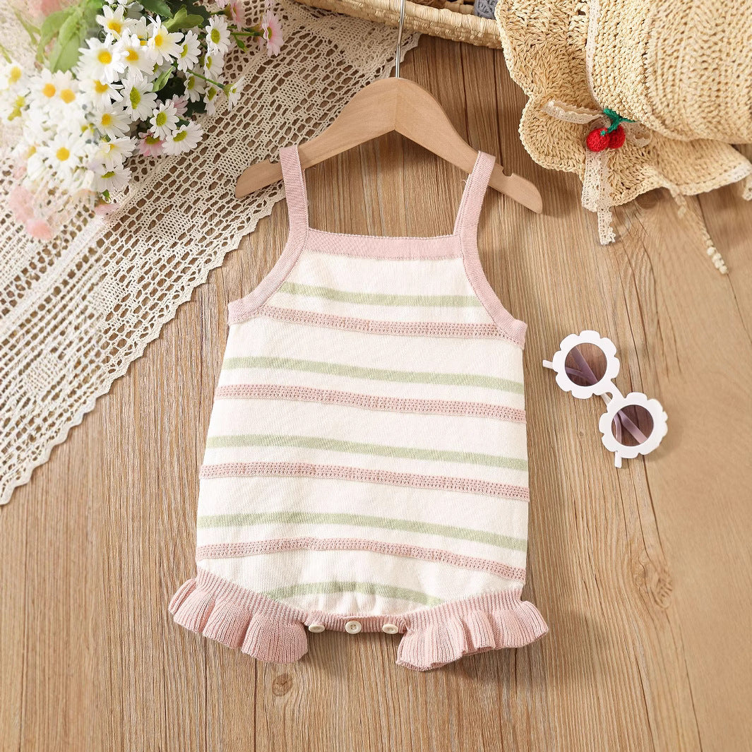 Summer Arrival Baby Girls Cute Thin Striped Pattern Sleeveless Strap Onesies