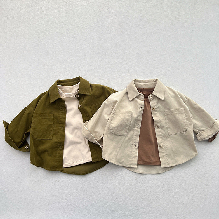 Spring Children’s Thin Shirts Baby Retro Solid Color Jackets For Boys And Girls Mountain Style Long-Sleeved Fine Striped Velvet Shirts-2