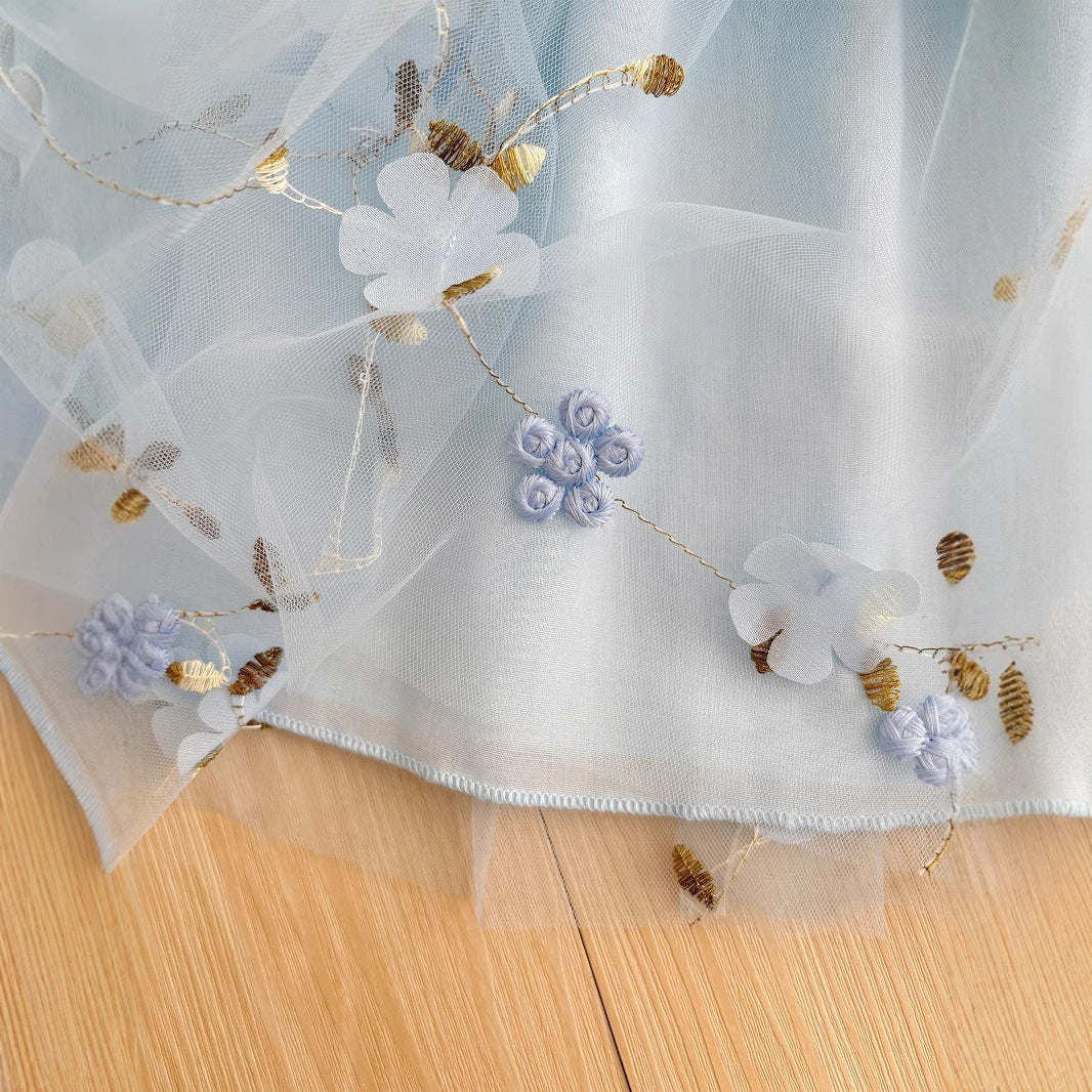 Summer Hot Selling Kids Girls Cute Blue Sleeveless Floral Tulle Dress-2