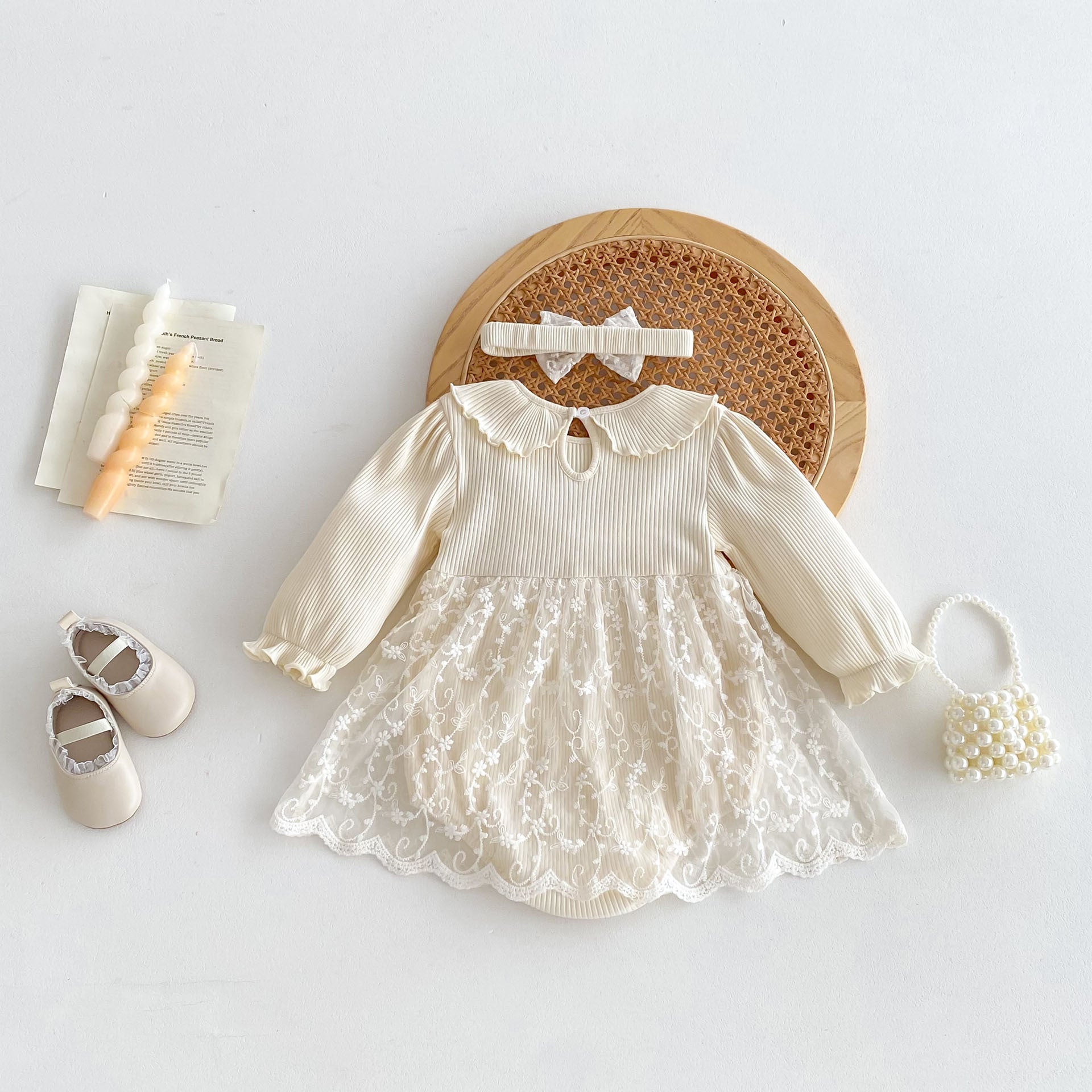 Spring Arrival Baby Girls Cute Floral Embroidered Tulle Long Sleeves Onesies-1