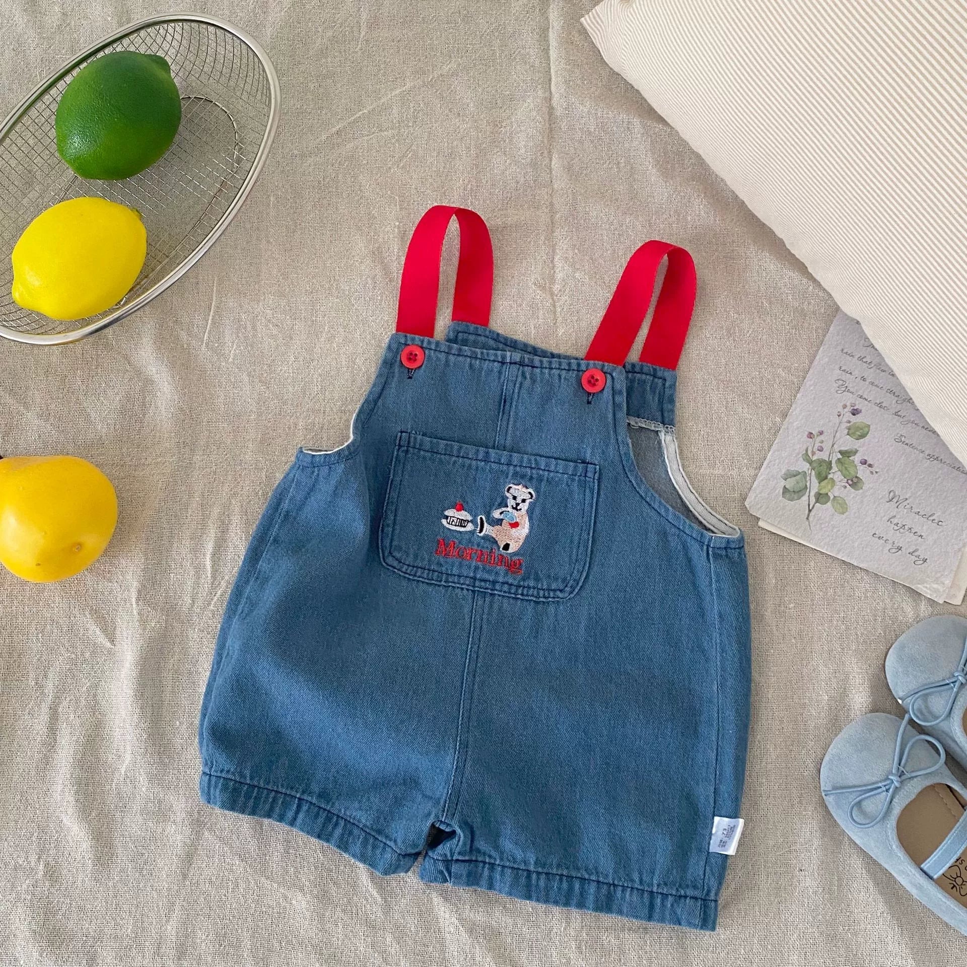 Summer Arrival Baby Unisex Cartoon Embroidered Sleeveless Denim Strap Overalls