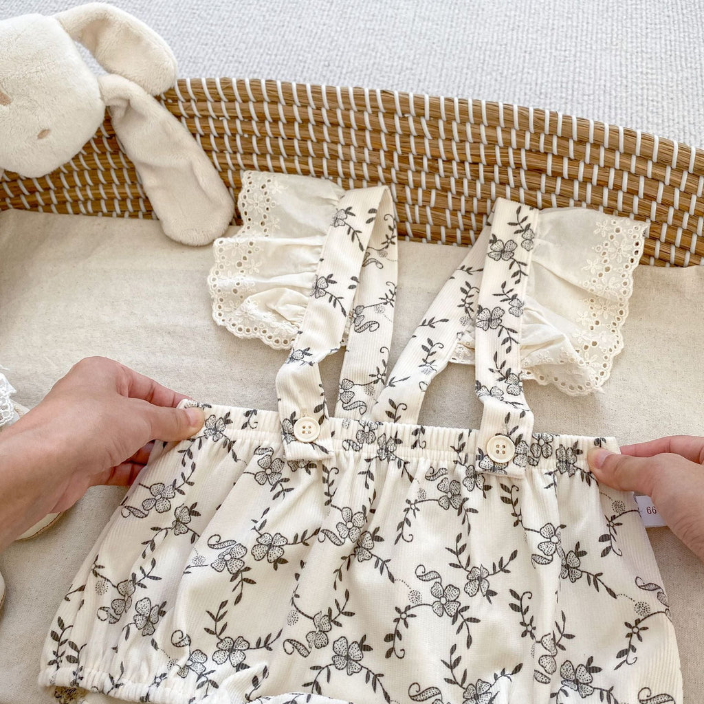 Arrival Autumn Baby Girls Long Sleeves Simple Top and Floral Print Overalls Onesies Clothing Set-4