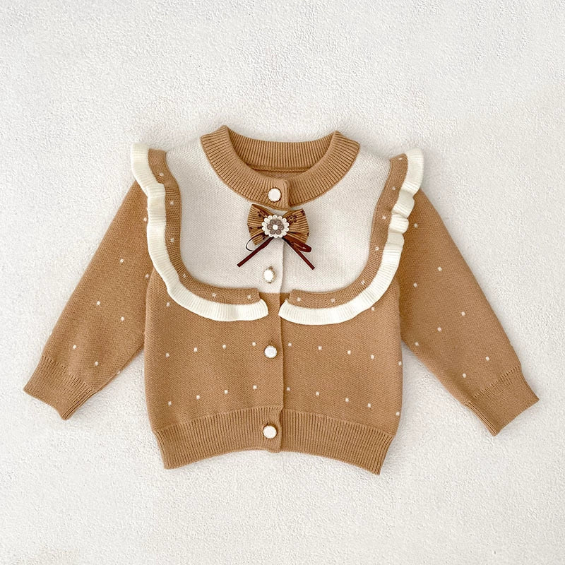 Autumn Arrival Baby Girls Comfortable Dots Pattern Color Patchwork Knitted Long Sleeves Cardigan