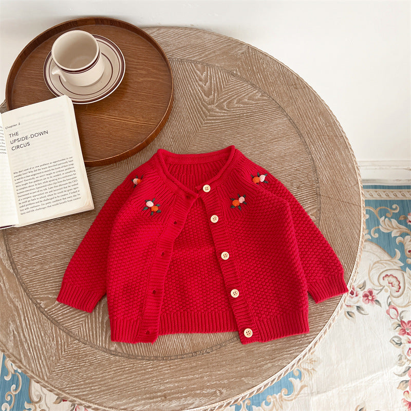 Autumn Arrival Baby Kids Girls Comfortable Flowers Embroiedery Pattern Knitted Long Sleeves Cardigan