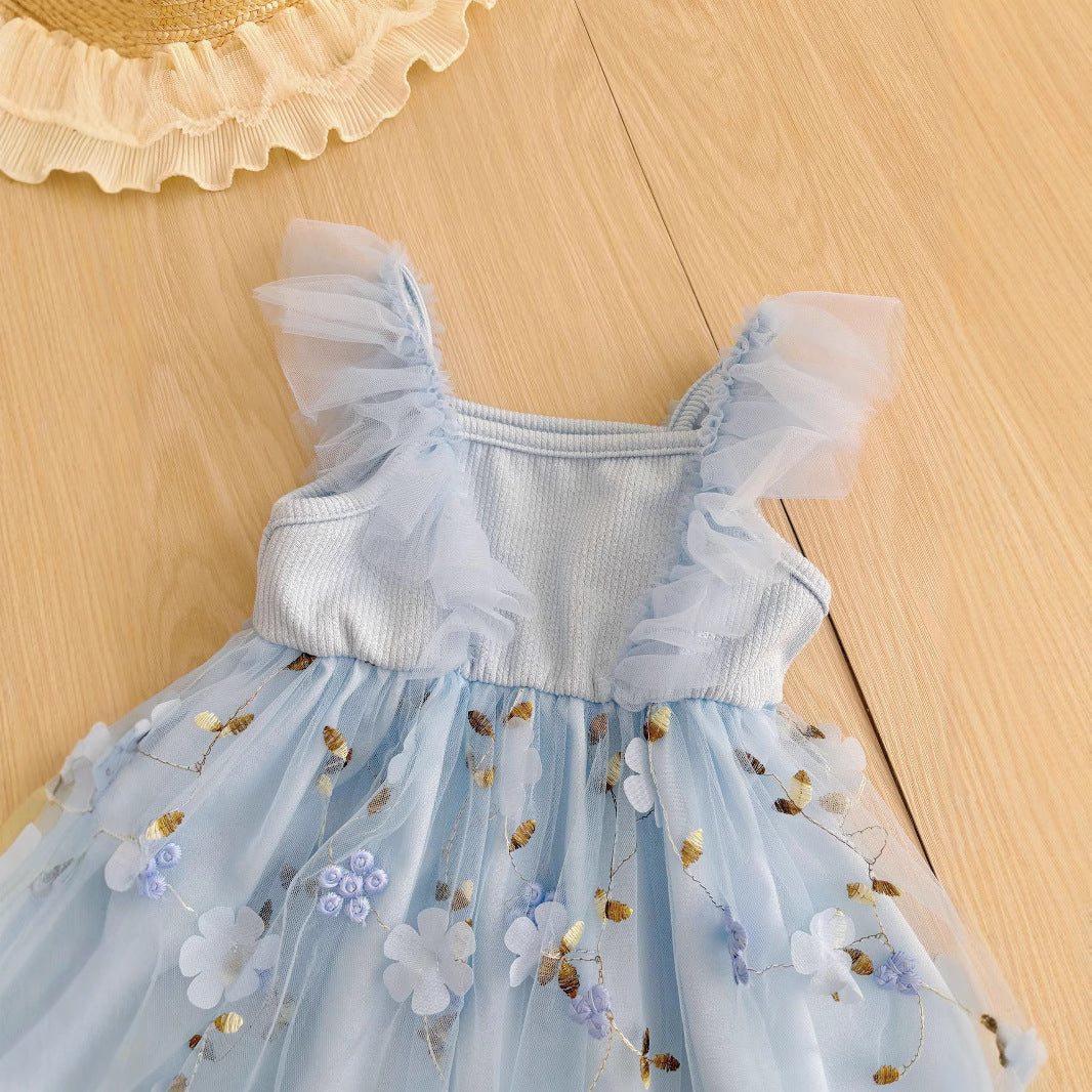 Summer Hot Selling Kids Girls Cute Blue Sleeveless Floral Tulle Dress-4