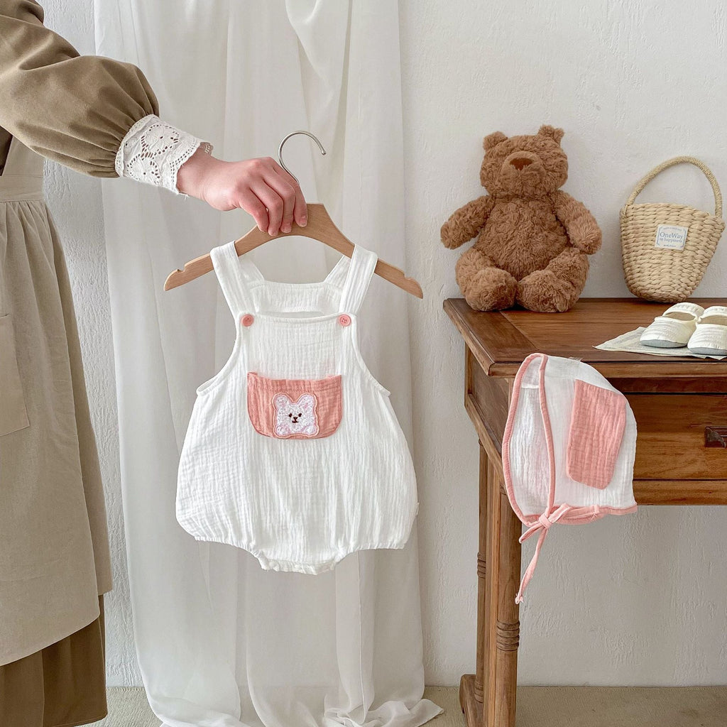 Unisex Summer Arrival Sleeveless Simple Teddy Pattern Pocket Baby Strap Onesies-1